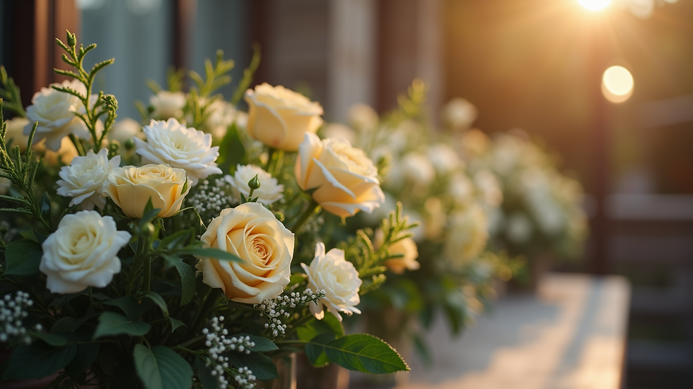 Eye-level view of beautifully arranged funeral sympathy flowers