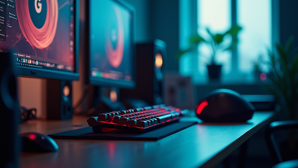 eye-level view of a computer setup with gaming accessories