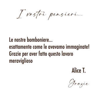 Le nostre bomboniere...
esattamente come le avevamo immaginate!
Grazie per aver fatto questo lavoro meraviglioso
Alice T.
Grazie
Scented Light