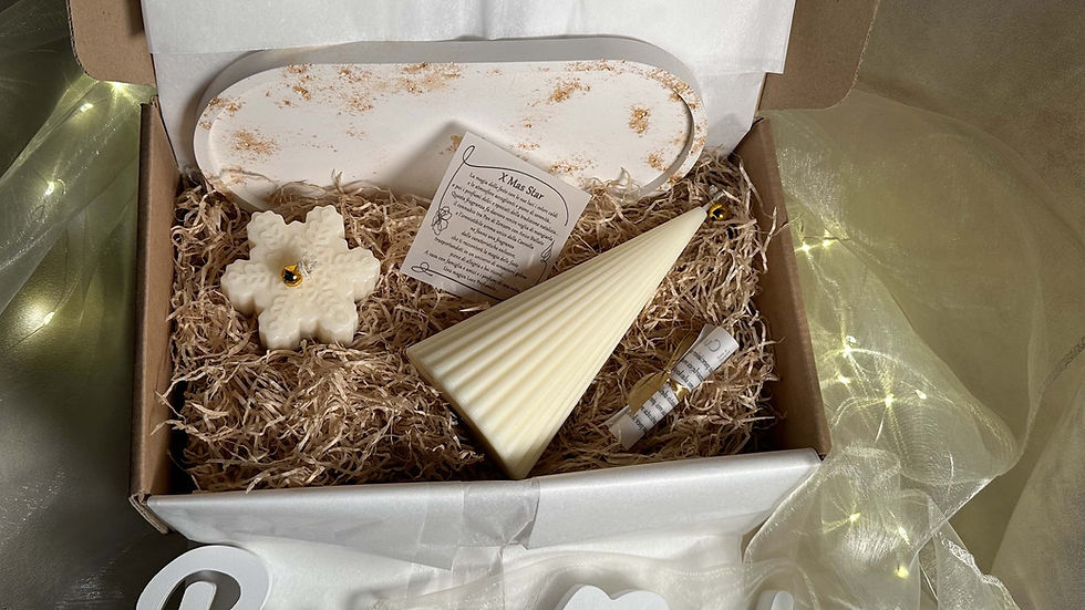 X Mas Box 1 Candela Albero di Natale Striped Maxi 1 Candela Fiocco di Neve fragranza X Mas Star vassoio in porcellana biscuit