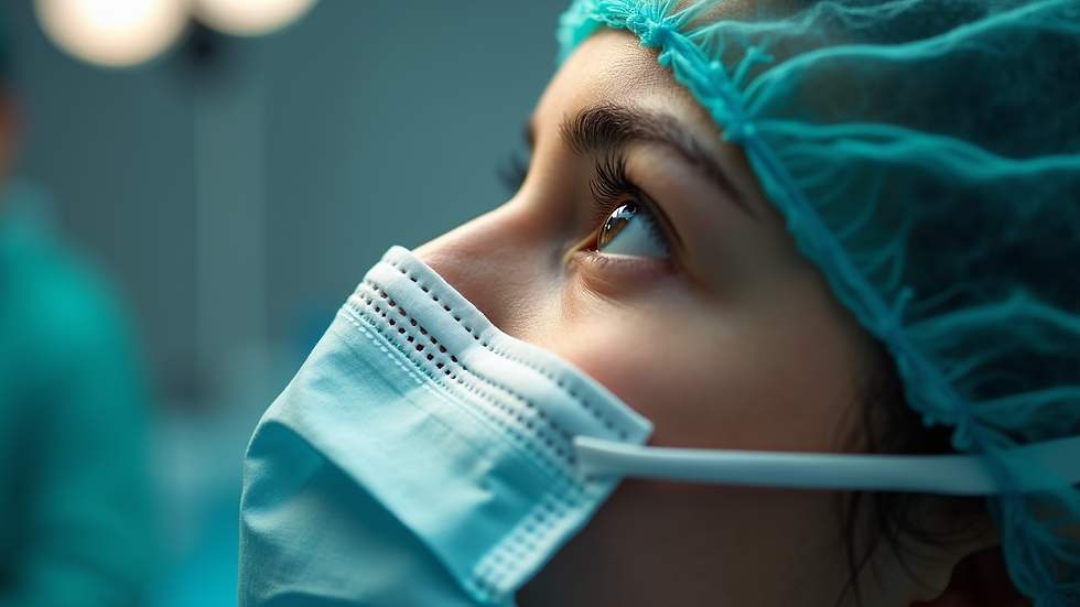 Close-up view of a patient’s nose with surgical bandages during recovery