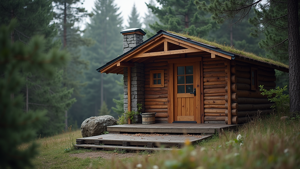 Eye-level view of a rustic wood-fired sauna surrounded by nature
