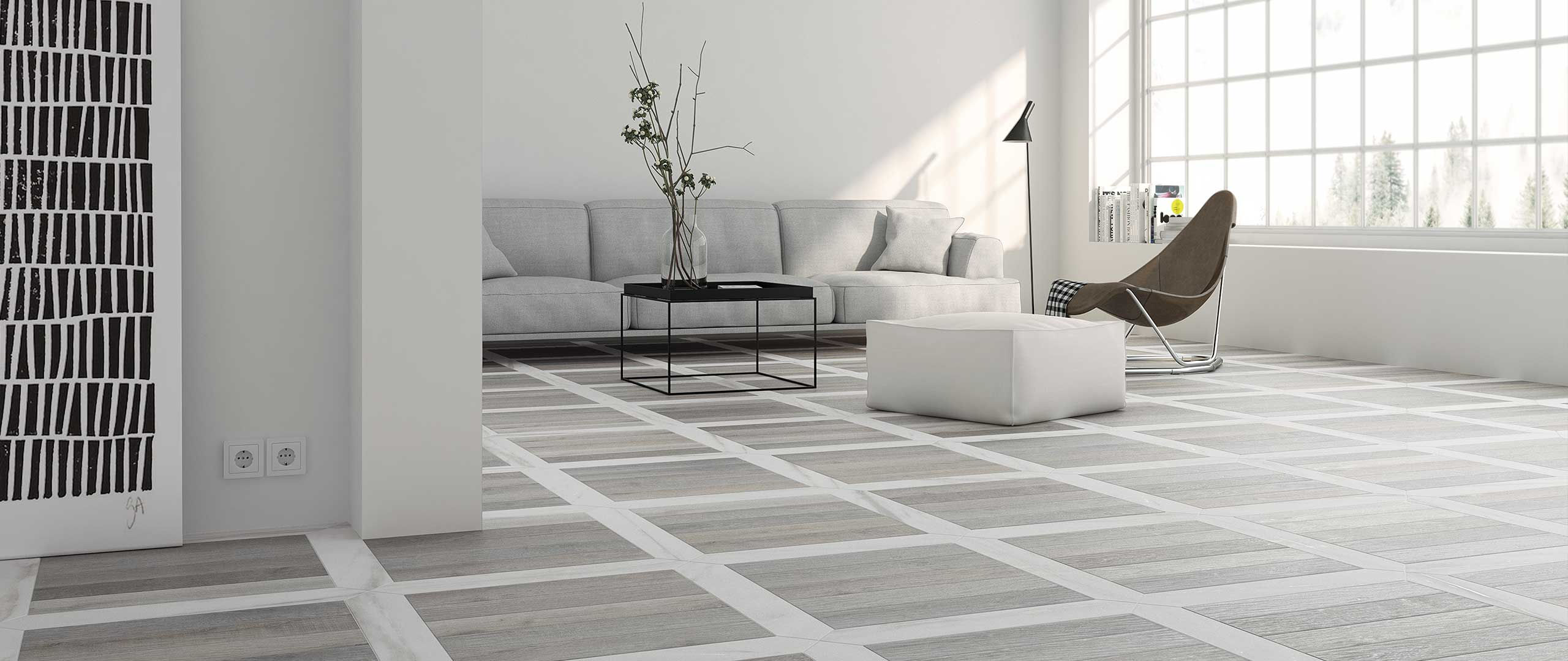 Grey Wood Porcelain Floor Tile MInimilistic White living room Ann Sacks Dallas Design District Amara