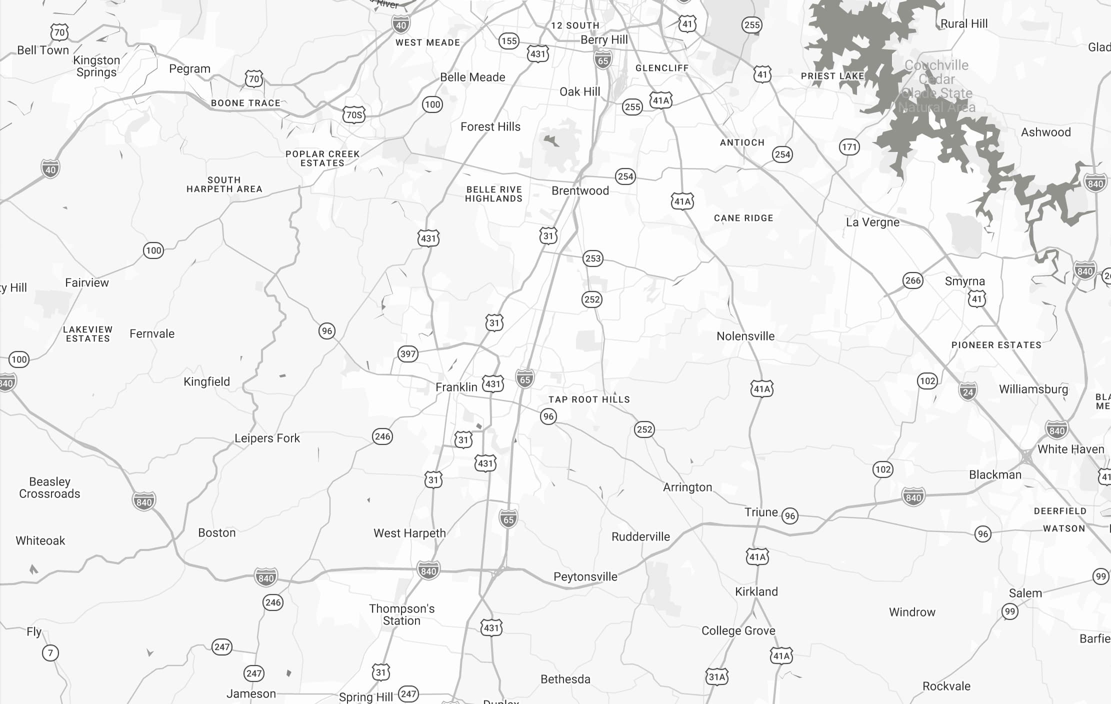 Map of the Backyard Brothers Lawn Care service area across Williamson County, Tennessee