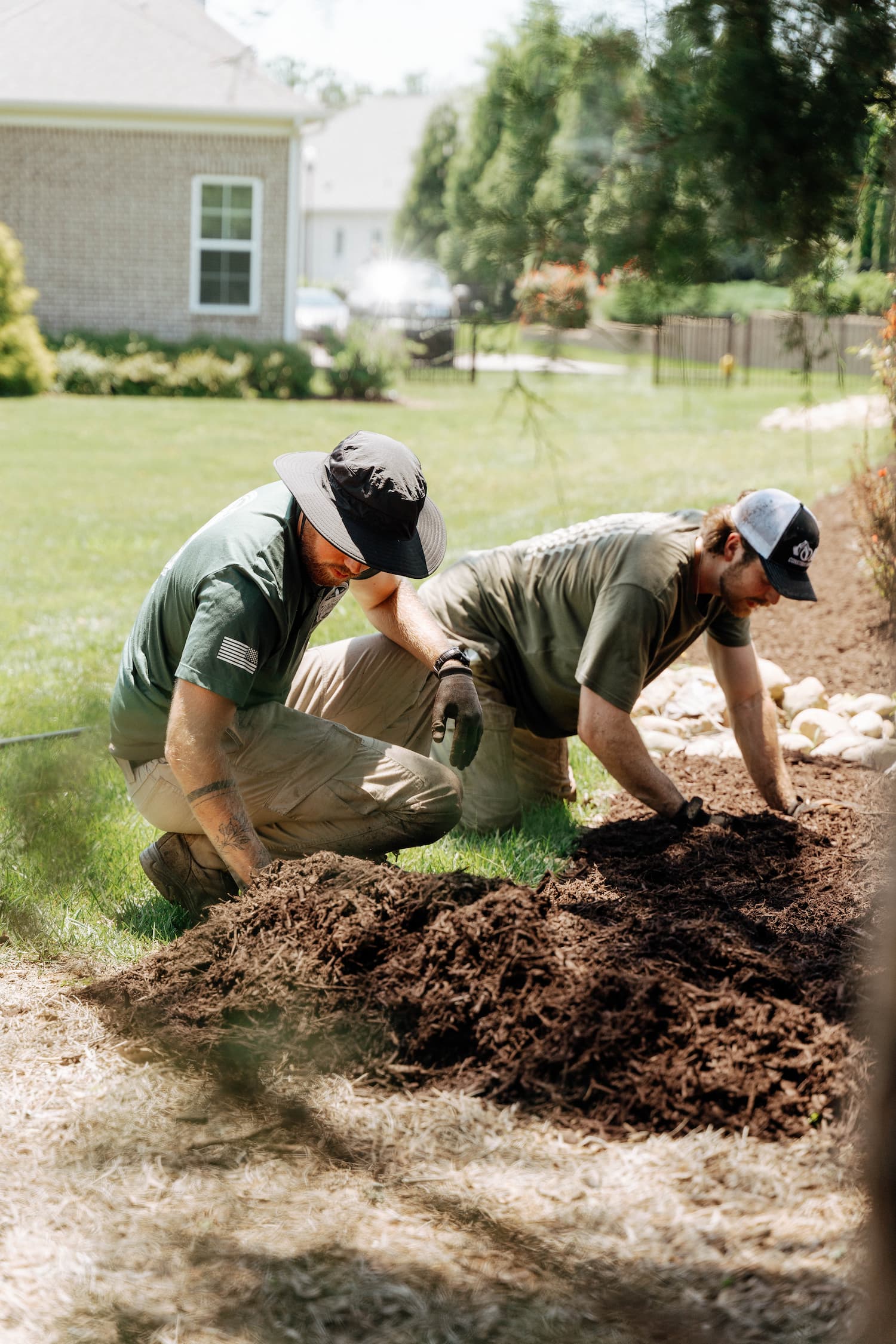 Freshly installed mulch beds at a Brentwood, Tennessee home