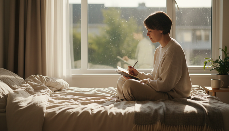 Eye-level view of a person writing in a notebook beside a sunny bedroom window.