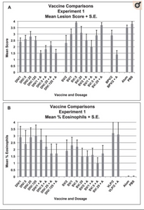 Vaccine ComMean lung cellular infiltration/lesion pathology and percent eosinophils in infiltrates for each vaccine dosage group two days after challenge with SARS-CoV. A. Mean lesion score and standard error of the mean (S.E.) for each vaccine dosage group. All mice exhibited lung histopathology. Scores are mean of scores for seven to eight mice per group. Scoring. 0 – no pathology, 1 and 2 – (1) minimal (2) moderate peribronchiole and perivascular cellular infiltration, 3 and 4 – 1 and/or 2 plus minimal (3) or moderate (4) epithelial cell necrosis of bronchioles with cell debris in the lumen. B. Mean percent eosinophils on histologic evaluation for seven to eight mice in each vaccine dosage group. Mean for each mouse is the mean percent eosinophils on five separate microscopy fields of lung sections. Analyses: A. Mean lesion scores were different p<.001. DIV without alum greater than with alum p = .001, VLP without alum greater than with alum p = .008. Posthoc comparisons: DIV lower than SV p = .001 and controls p<.001 but not VLP p>.05. SV lower than controls p .048. B. Mean percent eosinophils were different p<.001. Mean percent eosinophils lower for DIV with alum than without alum p = .049 and lower for SV with alum than without alum p = .001. Mean percent eosinophils lower for SV than DIV p = .002 or VLP. P = <.001. Mean percent eosinophils greater than controls for DIV, SV and VLP, all three vaccines p<.001.