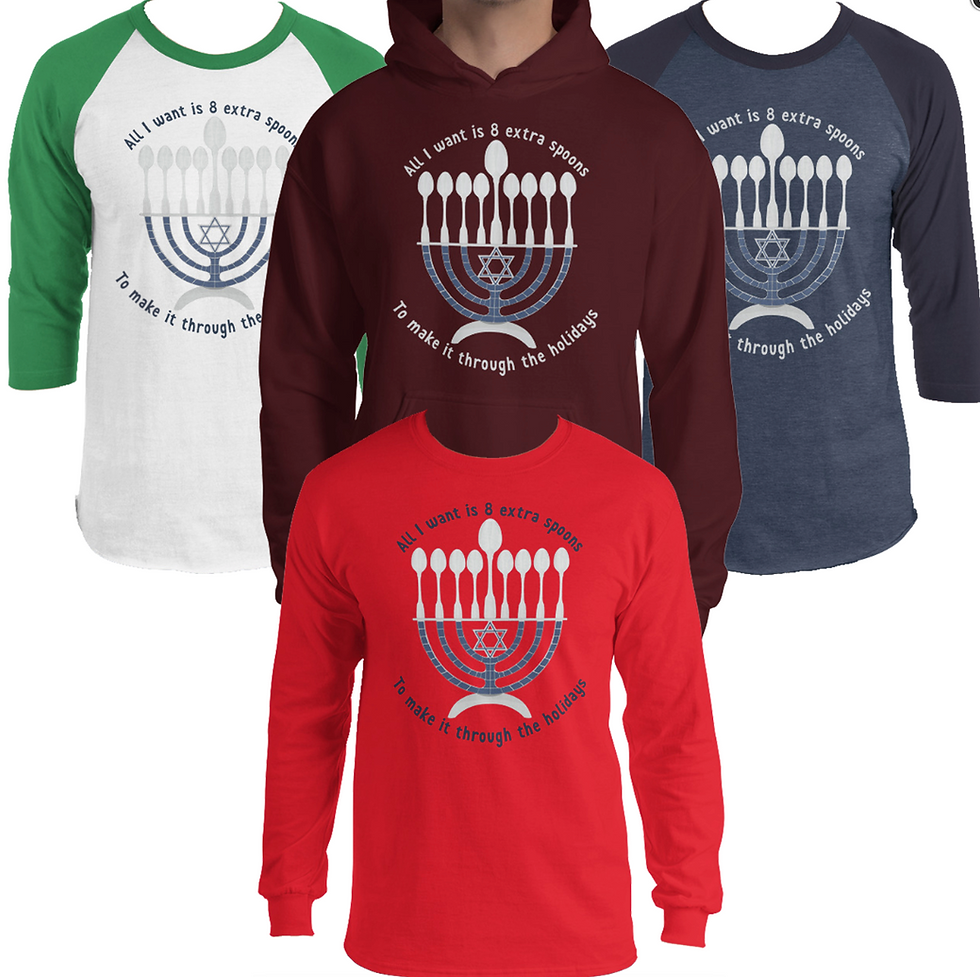 4 long sleeve shirts. A maroon Hoodie, a 3/4 sleeve with green sleeves and white chest, a 3/4 sleeve with dark blue sleeves and denim blue chest, and a red long-sleeve crew neck tee. All 4 shirts have an illustration of a Menorah on them. The blue and silver Menorah has a Star of David below the candle line, and instead of candles, there are 4 silver spoons flanking the larger center spoon.