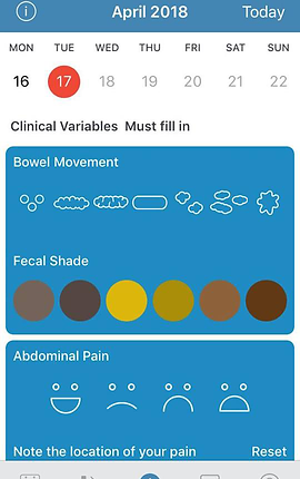 Screenshot of Plop Chart App, a white screen with blue header showing the date.  Below the header is a space to select the day of the week and the date.  Black text below the calendar section reads, “Clinical Variables Must fill in.”  There is a large blue rectangle labeled, “Bowel Movement” with sketches of different shaped movements, and a color chart to choose from.” Another blue box is below labeled “Abdominal Pain” with different smiley faces to indicate your pain level.