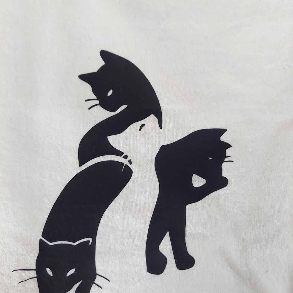 A Fynniroo image of four cats, the middle one is white against the backdrop of three black cats, so it uses negative space.