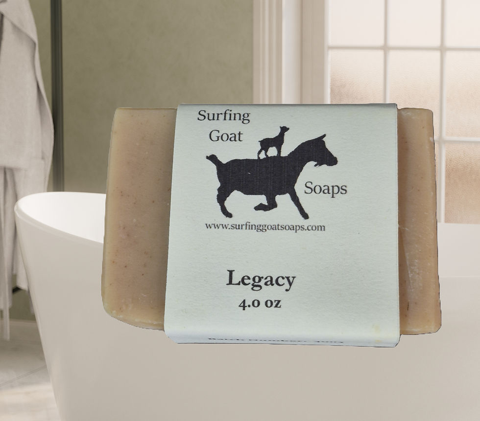 A bar of Legacy Soap with a bathtub as a background