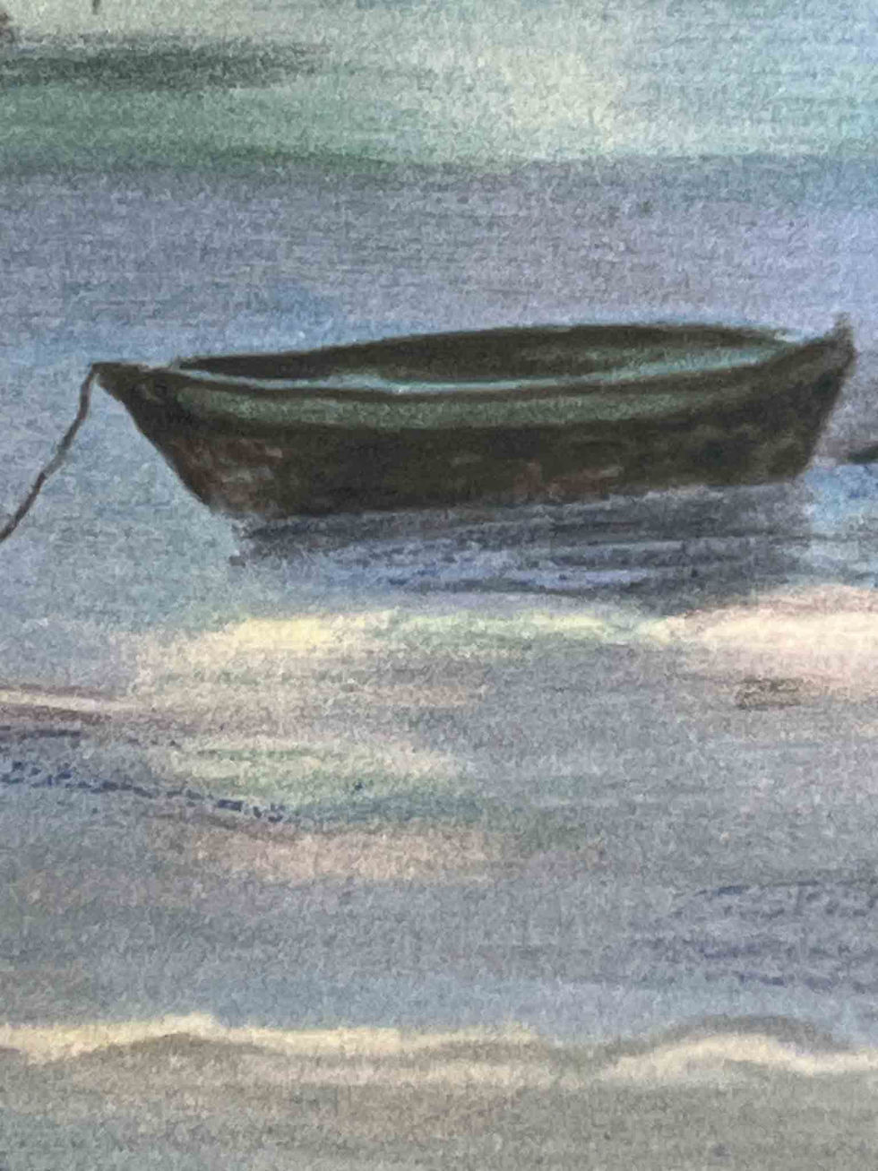 Lithographie encadrée du peintre Manfreid représentant un petit port au lever du soleil