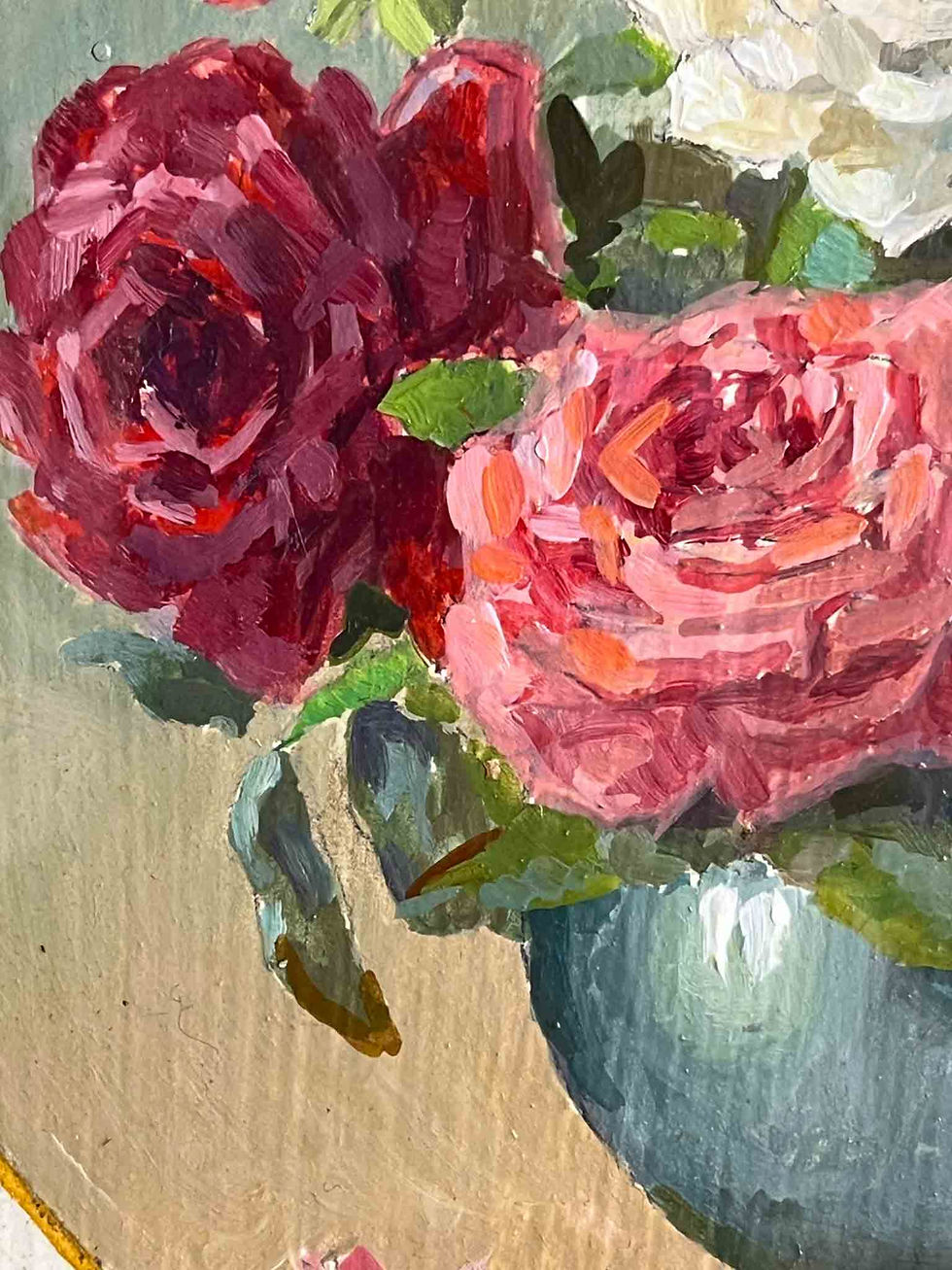 Tableau ancien signé Jall, peinture à l’huile représentant un bouquet de roses