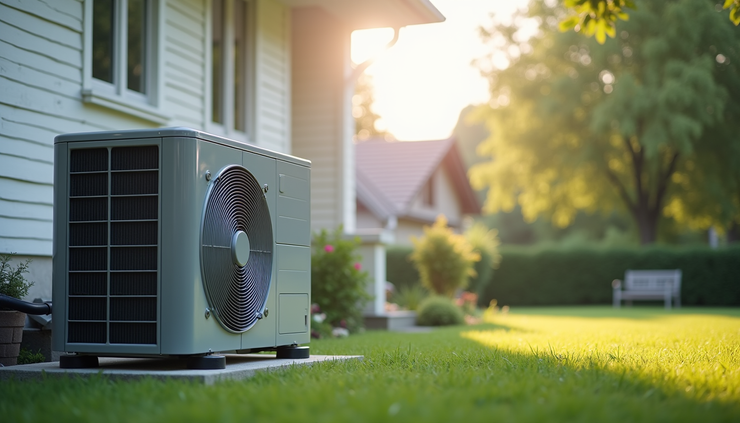 Eye-level view of a modern air conditioning unit installed outside a residential home