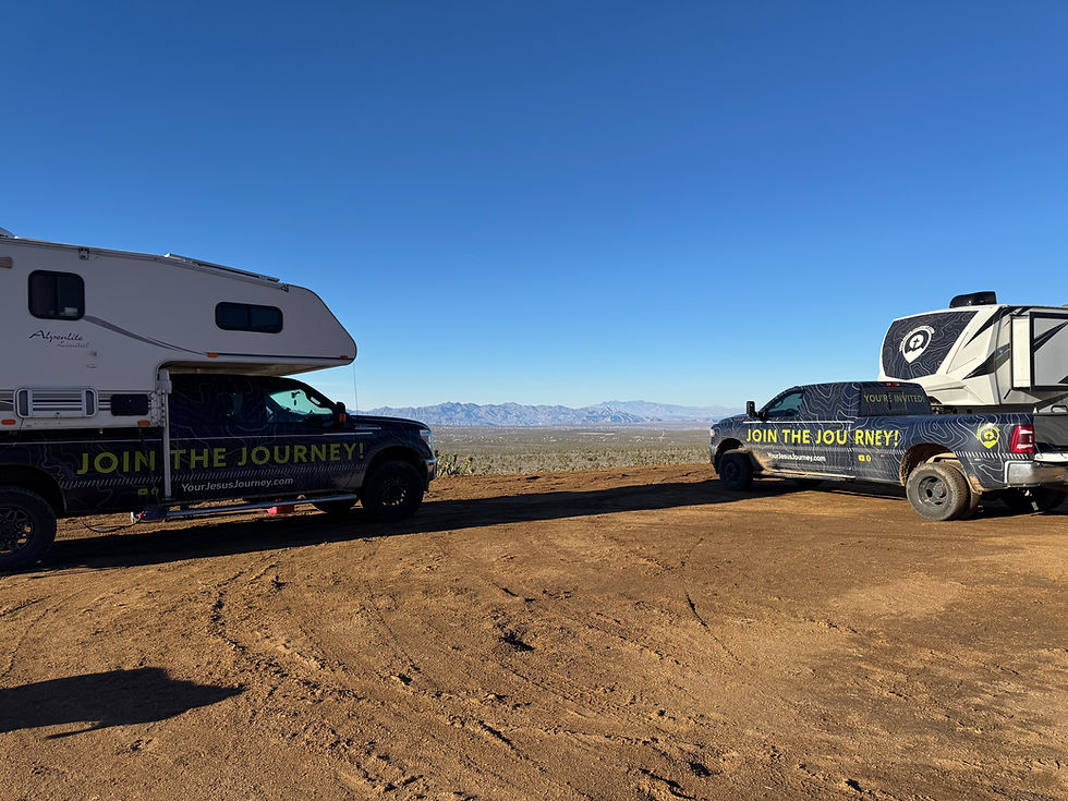 The twin Your Jesus Journey trucks on the road