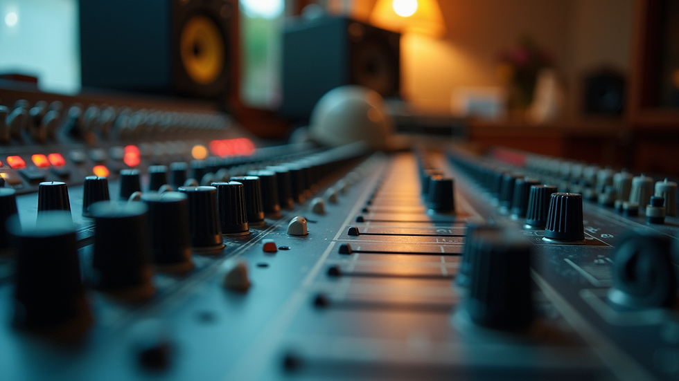 Eye-level view of vintage mixing console with analog knobs and faders