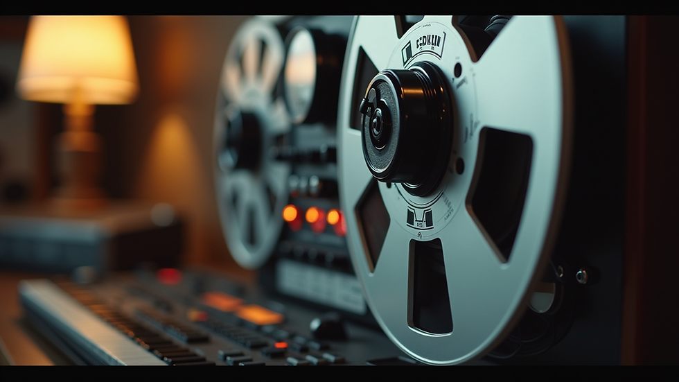 Close-up view of vintage reel-to-reel tape recorder in a recording studio