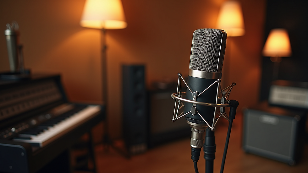 High angle view of vintage microphone setup in recording studio