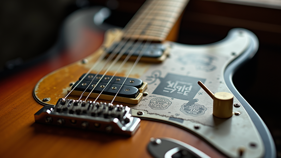 Close-up view of a guitar with The Beatles memorabilia in the background