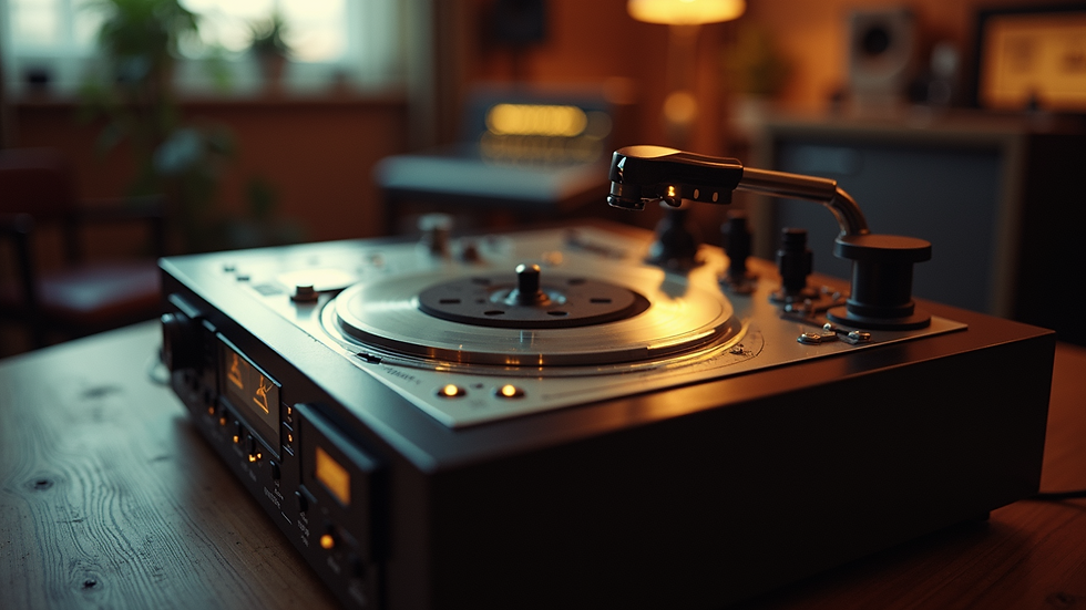 High angle view of vintage tape machine in recording studio