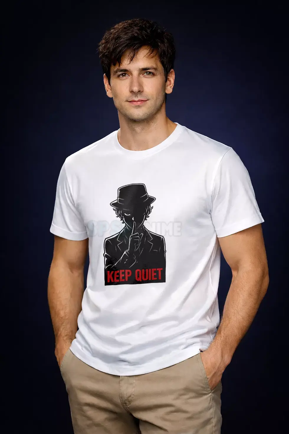 Thumbnail: Immortal Demon Polyster T-Shirt anime keep quiet printed white polyester - Keep Quiet Shirt, Printed T-Shirt, SPSP Anime.