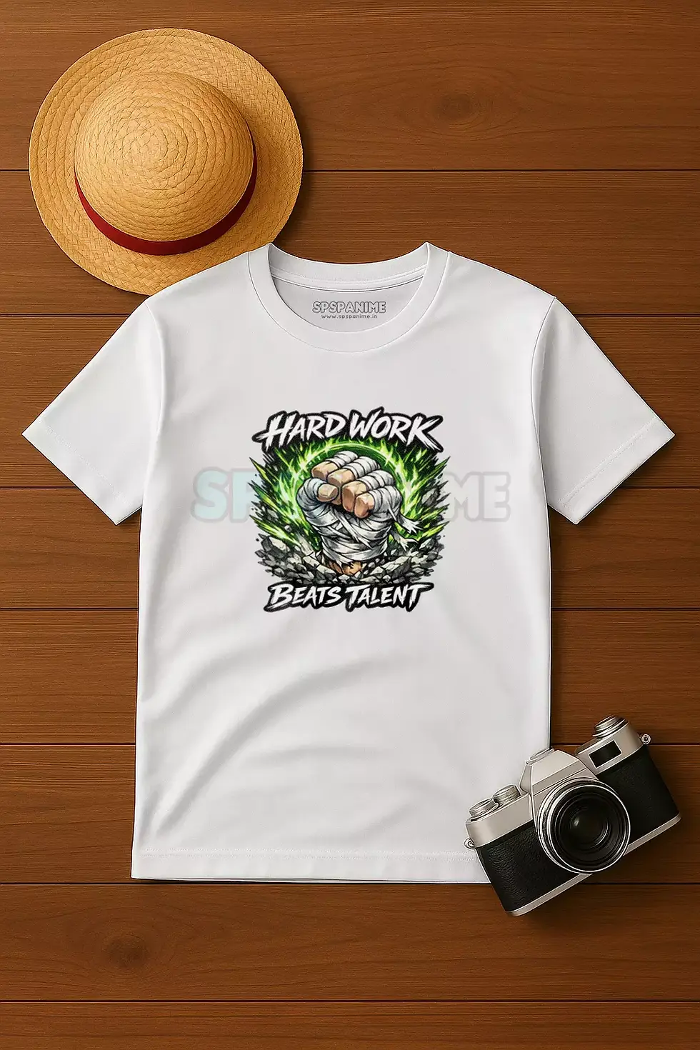 Thumbnail: Hard Work Beats Talent anime motivational polyster white t-shirt - Motivation T-Shirt, Ninja Anime T-Shirt, SPSP Anime.