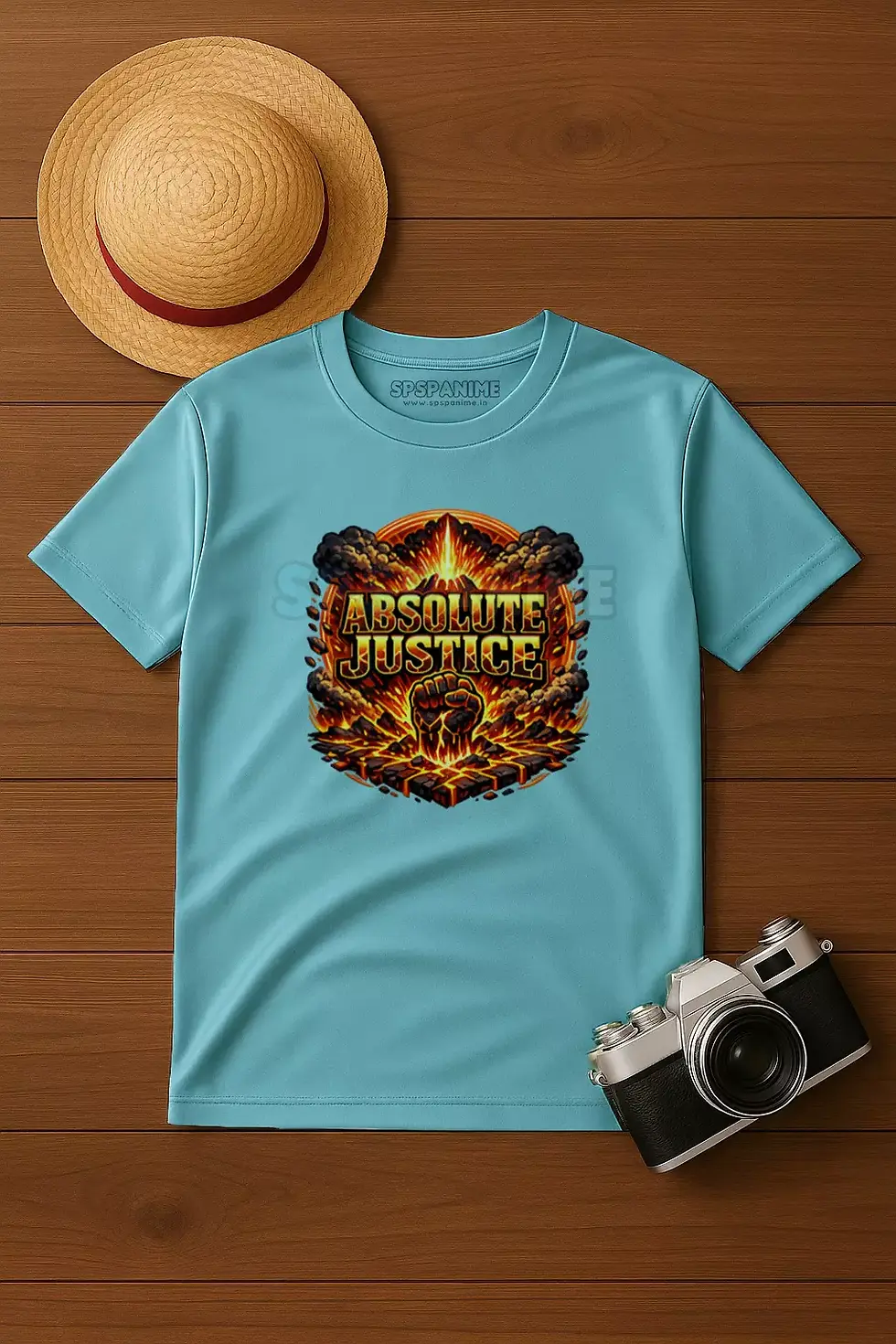 Thumbnail: Absolute Justice anime inspired graphic polyster blue t-shirt - Pirate Anime T-Shirt, Justice Warrior T-Shirt, SPSP Anime. 
