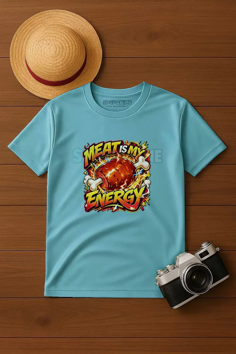 Thumbnail: Meat lover anime inspired graphic blue t-shirt casual style - Pirate Anime T-Shirt, Meat Lover T-Shirt, SPSP Anime.