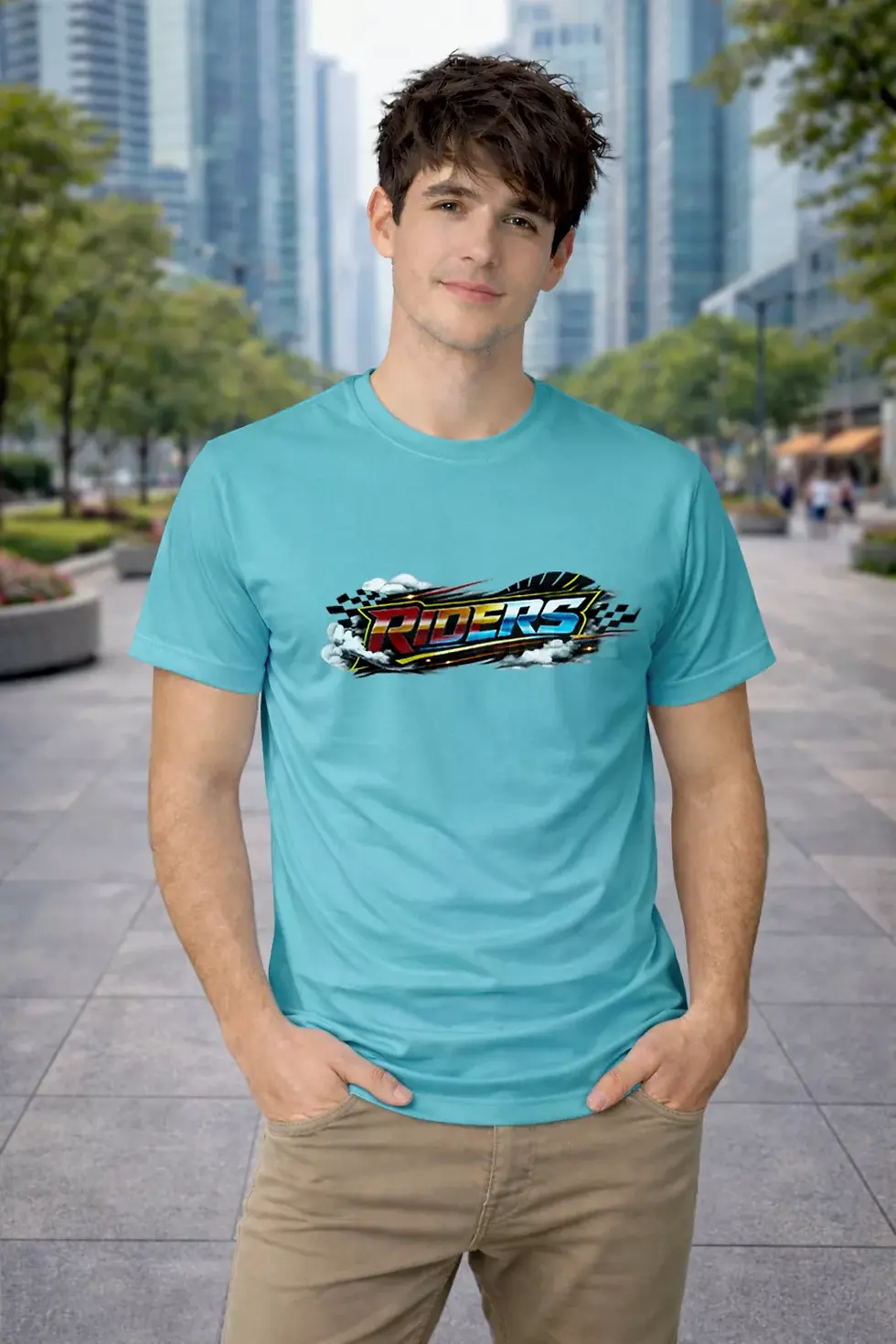 Thumbnail: Riders colorful motorcycle graphic polyester blue t-shirt - Biker Rider T-Shirt, Motorcycle T-Shirt, SPSP Anime.