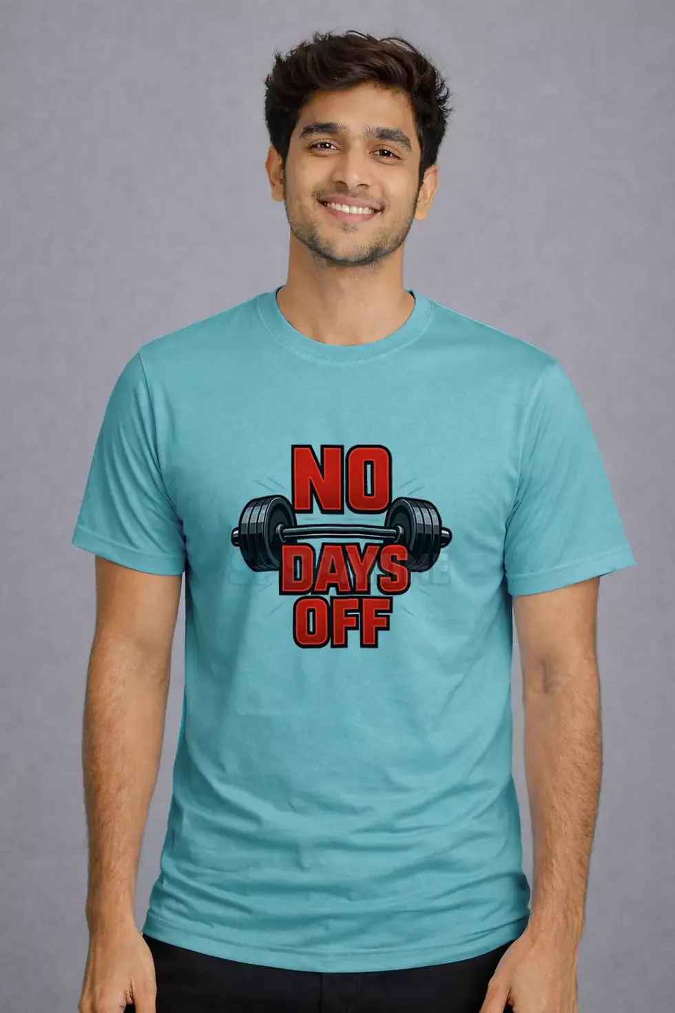 No Days Off Polyster Blue T-Shirt with barbell graphic and bold design - Gym Motivation T-Shirt, Workout T-Shirt, SPSP Anime.
