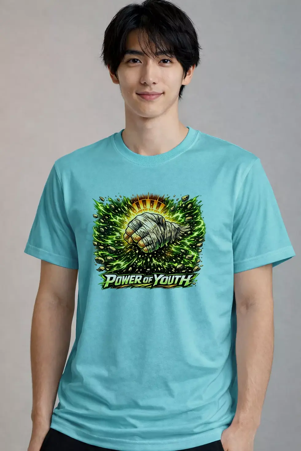 Thumbnail: Power of Youth anime energy graphic polyster blue t-shirt - Power Anime T-Shirt, Ninja Anime T-Shirt, SPSP Anime.
