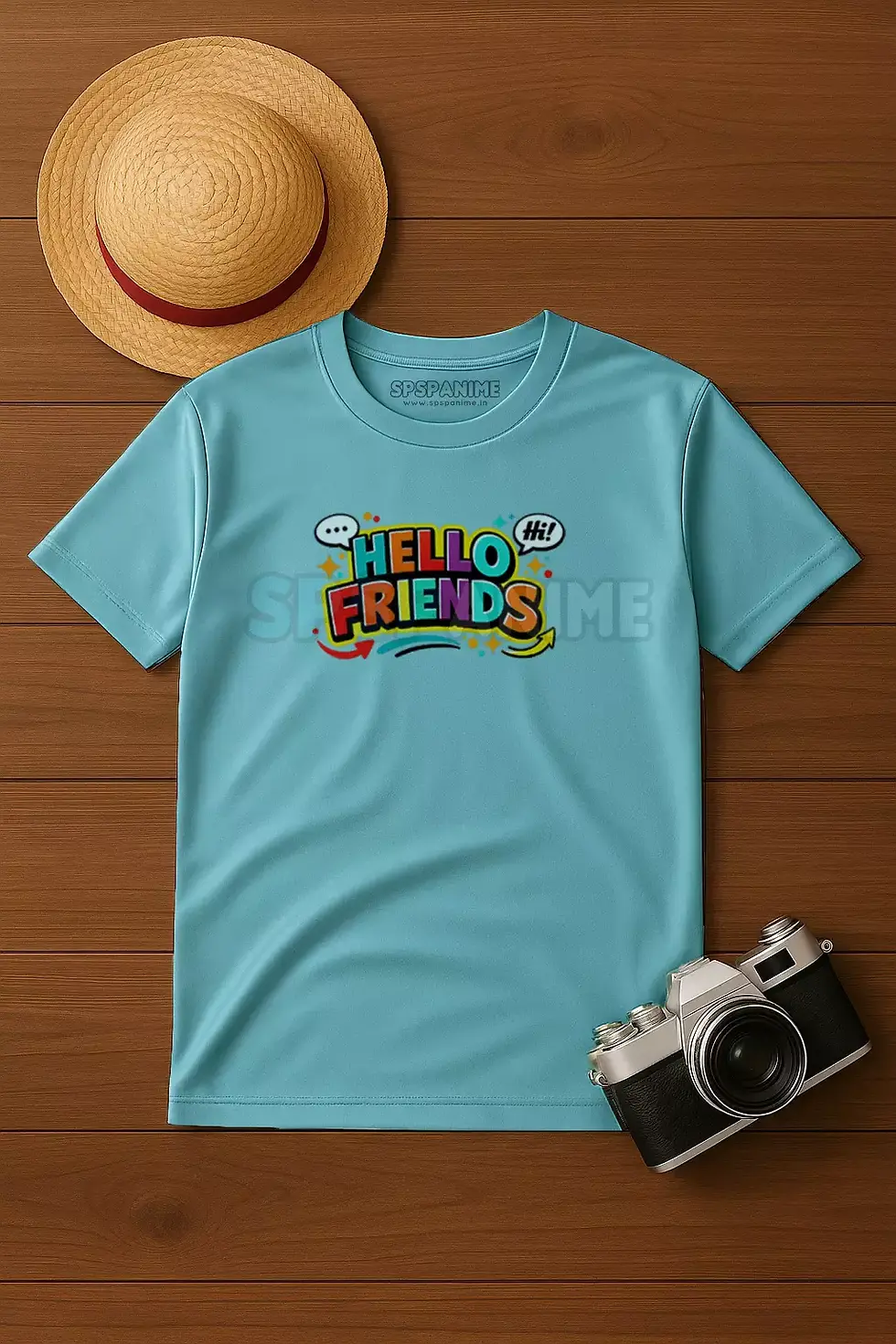 Thumbnail: Hello Friends colorful playful graphic polyester blue t-shirt - Friendship T-Shirt, Trendy Printed T-Shirt, SPSP Anime.