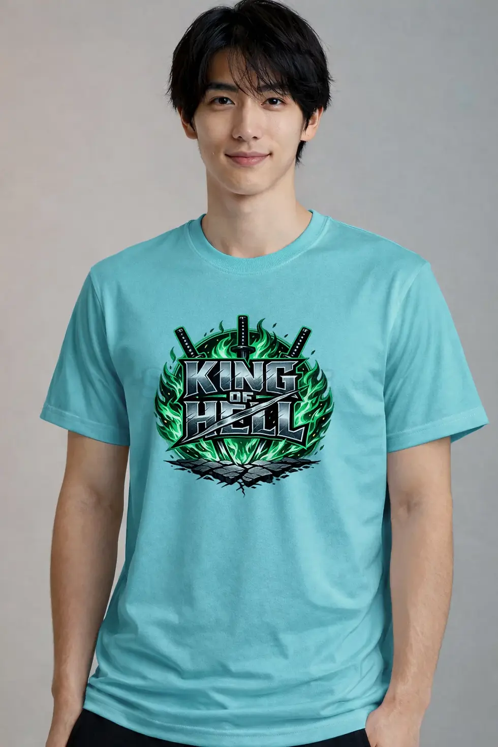 Thumbnail: King of Hell Polyster blue T-Shirt pirate theme anime sword design - Pirate Theme T-Shirt, Anime T-Shirt, SPSP Anime.