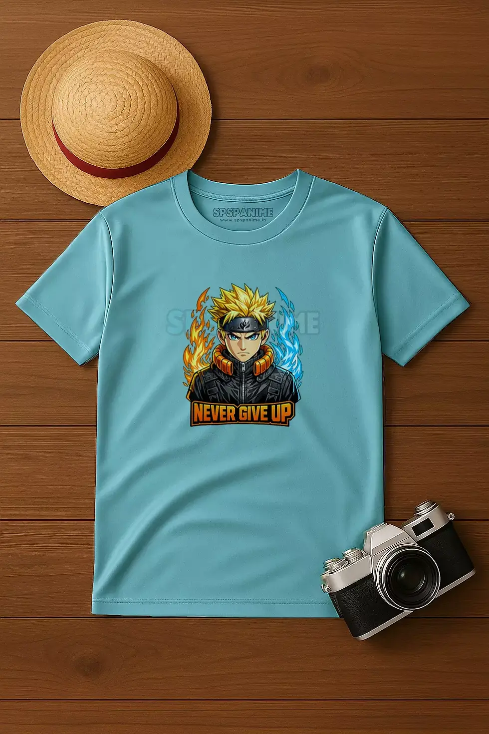 Thumbnail: Never Give Up anime ninja colorful polyester blue t-shirt - Anime T-Shirt, Motivational T-Shirt, SPSP Anime.