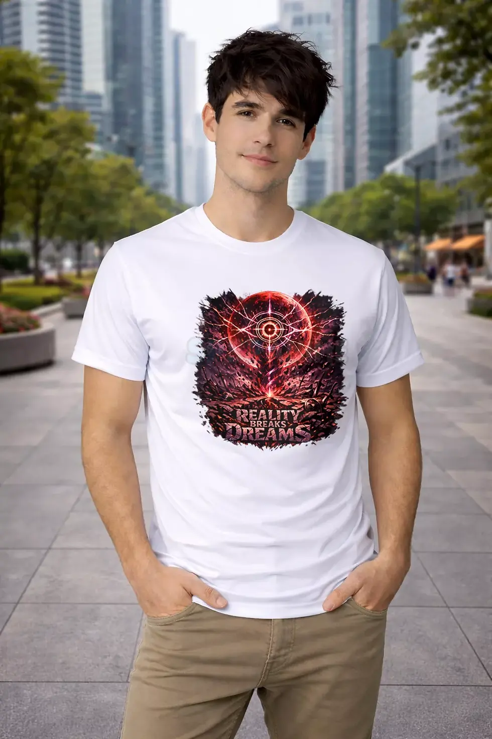 Thumbnail: Reality Breaks Dreams anime dark theme graphic polyster white t-shirt - Ninja Anime T-Shirt, Anime T-Shirt, SPSP Anime.