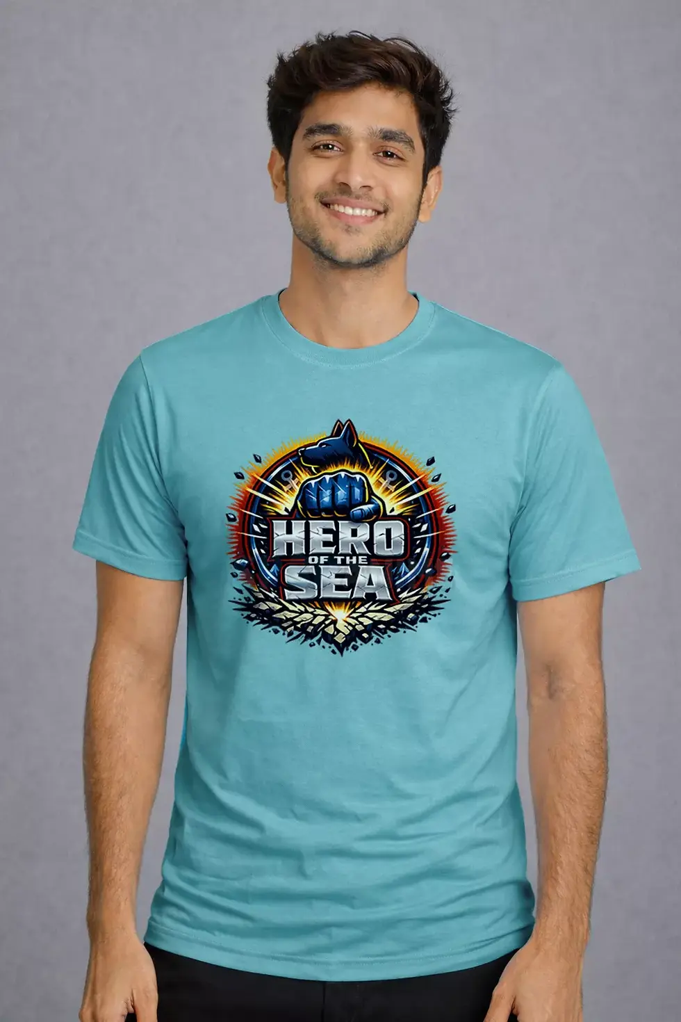 Thumbnail: Hero of the Sea anime inspired ocean warrior graphic polyster blue t-shirt - Hero T-Shirt, Pirate Anime T-Shirt, SPSP Anime.