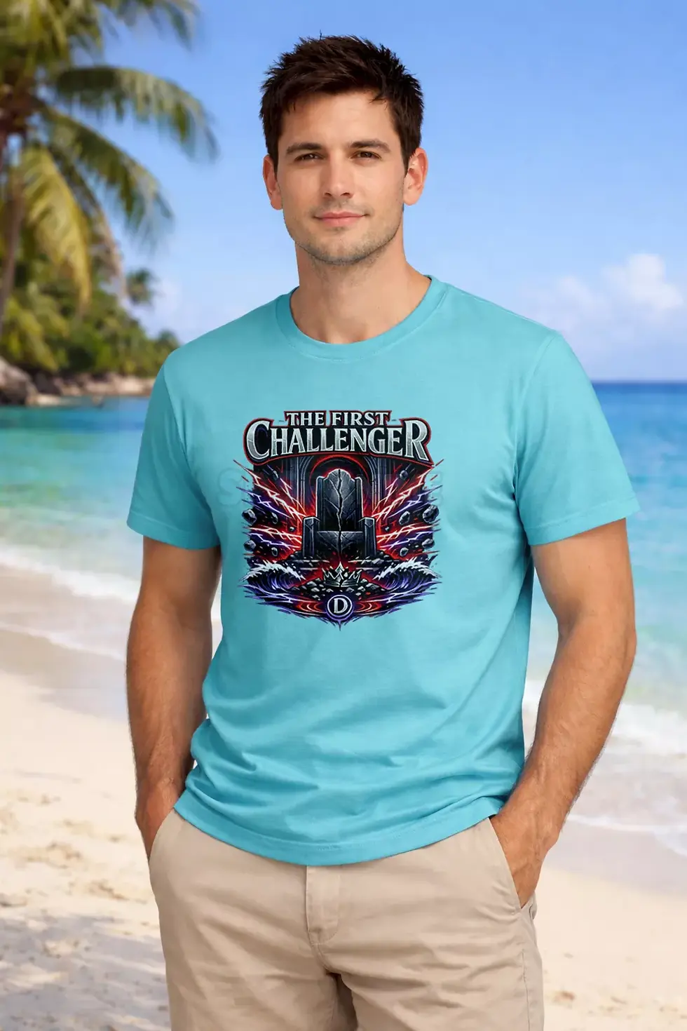 Thumbnail: First Challenger anime inspired fighter battle graphic polyster blue t-shirt - Throne Challanger T-Shirt, SPSP Anime.