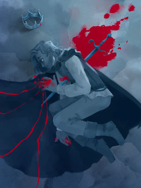 Blue and white digital painting of a young man lying on the icy floor. A sword is stabbed through his chest, and blood drips like a red threat of fate from his fingers. 