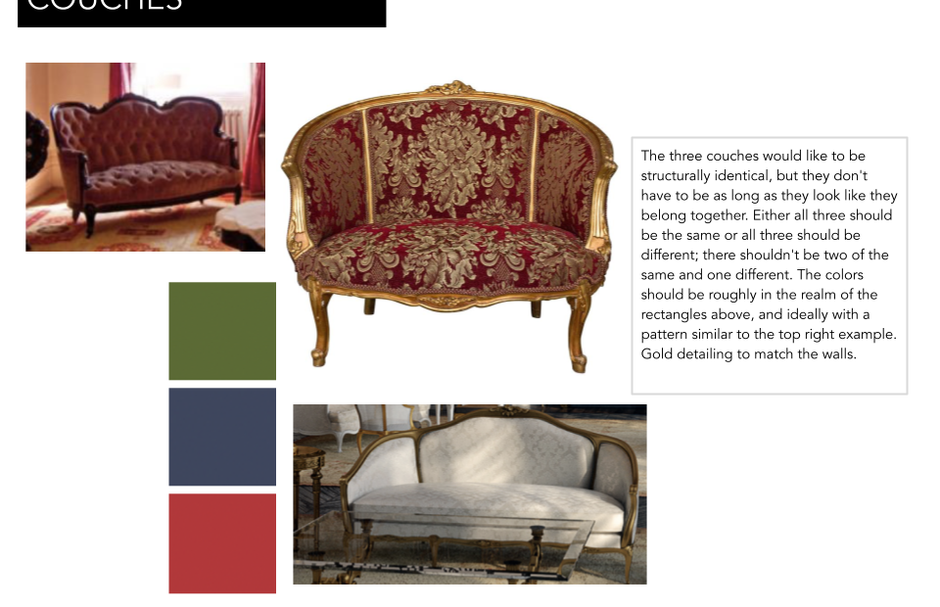 A research slide of several couches with some notes.