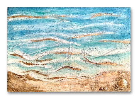 Mar para Mamá, obra comisionada. Acrilico texturizado y hoja de oro sobre lienzo por Ave Sandino.