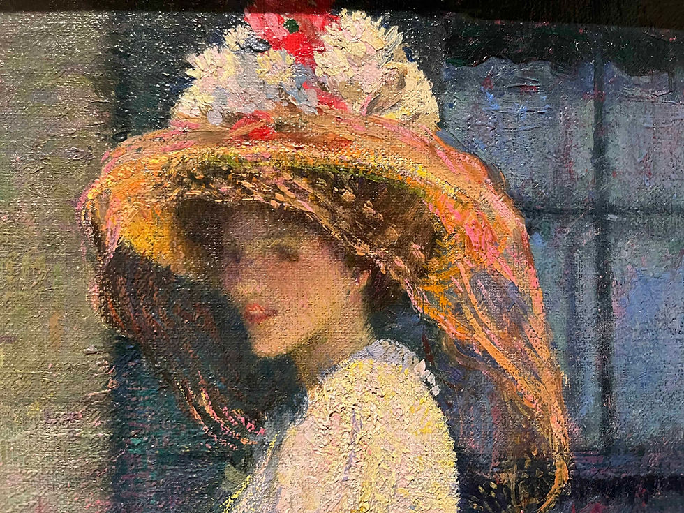 Close up of the woman's head in "The Crimson Rambler" by Philip Leslie Hale, 1908