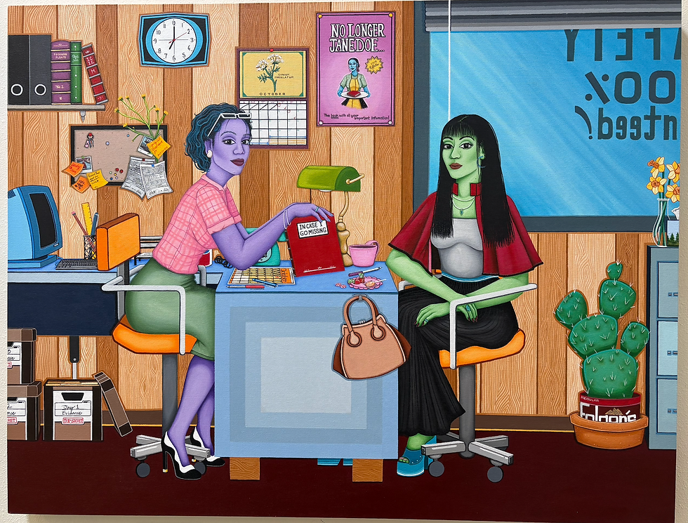 Color photo of a painting by Robyn Tsinnajinnie, part of the "Pink Ladies" series, title unknown