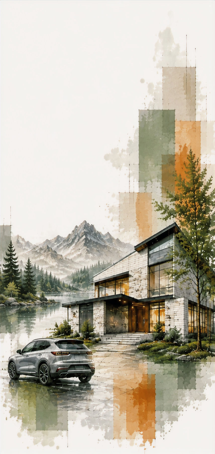 Modern home and vehicle illustrated in Burnn Group’s watercolor architectural style, representing home and auto insurance protection.