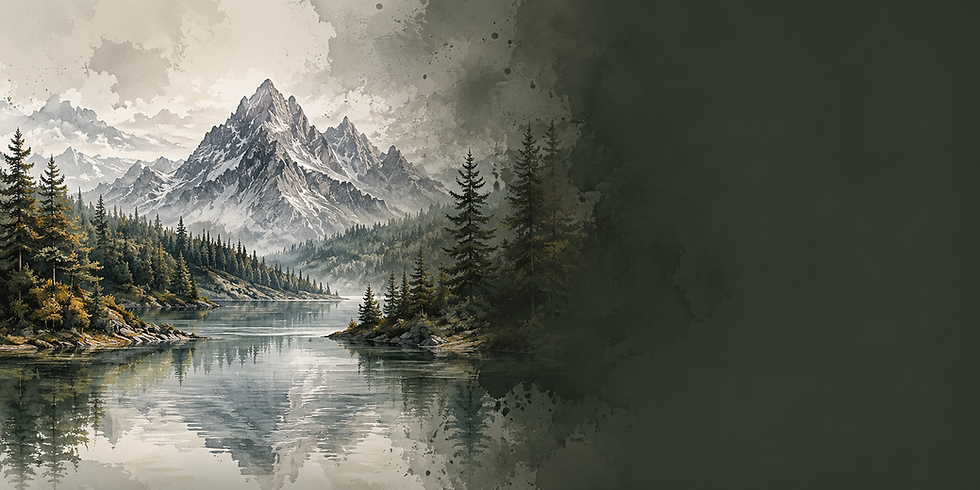 Watercolor Oregon pine forest and mountain landscape accompanying Burnn Group customer reviews.