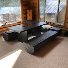 Named The Viewing Table, the display wells set into the surface provide views into past travels while also enjoying the stunning scenery overlooking the Twin Lakes. The client who commissioned this project requested something that would not only fit in with the natural materials of his home but also add a refined element to the room. An additional request was a way to display the many mementos collected during his travels. The inset display wells allow him to curate the stories told over dinners with friends (Painted Ash) Custom handmade furniture. Work done by Arieus Woodworks hand crafted by Rob Shefner.

