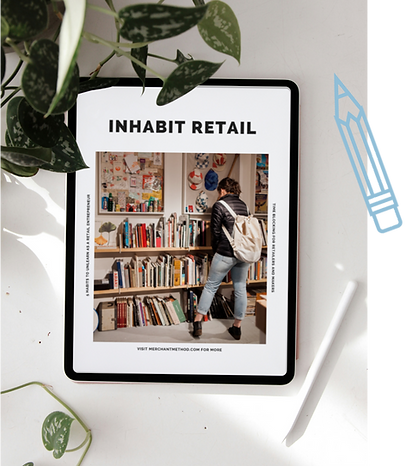 An iPad features the front cover of the Inhabit Retail PDF download. An Apple pencil and vines of an ivy plant frame the tablet. An outline of an illustrated No. 2 pencil accents the image.