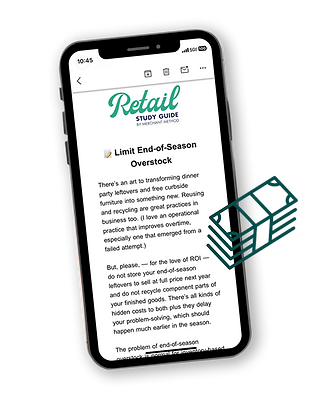 A smartphone with a preview of the Retail Study Guide Newsletter and a sharpened No. 2 pencil sit on top of a kraft-covered journal. The image is accented with an illustrated outline of a cash bundle wrapped with a band.