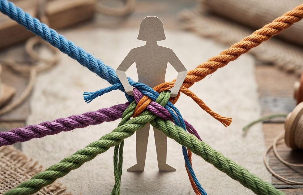 cutout of a woman being pulled in multiple ways