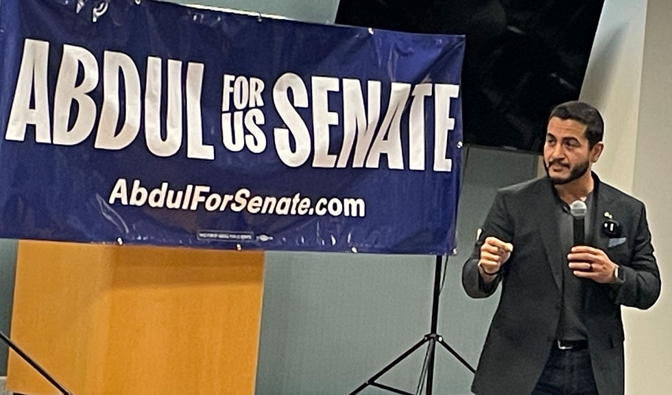 Abdul El-Sayed introduces himself at a recent campaign stop at Lake Michigan College in South Haven
