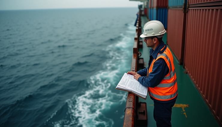 High angle view of a ship inspector reviewing maintenance logs on board a container ship